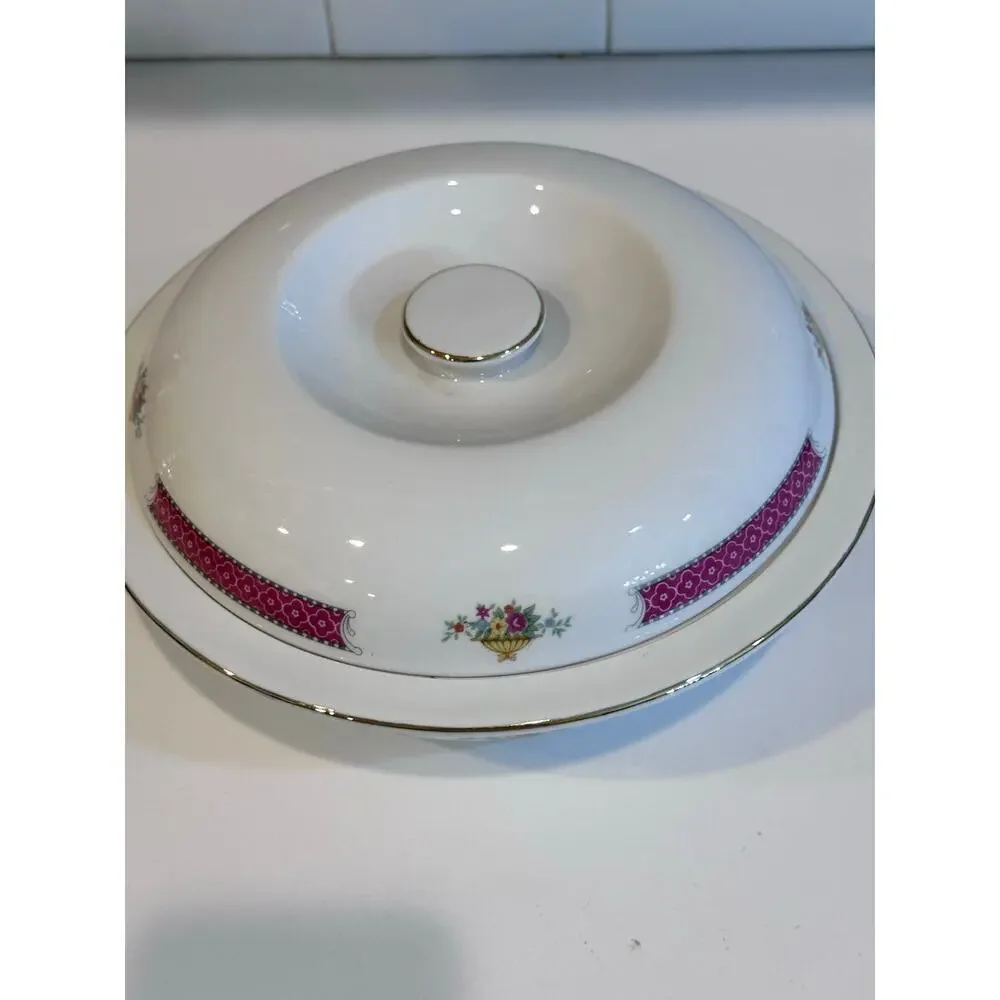 Vintage Covered Dish Multi-Colored Floral Transfer Ware